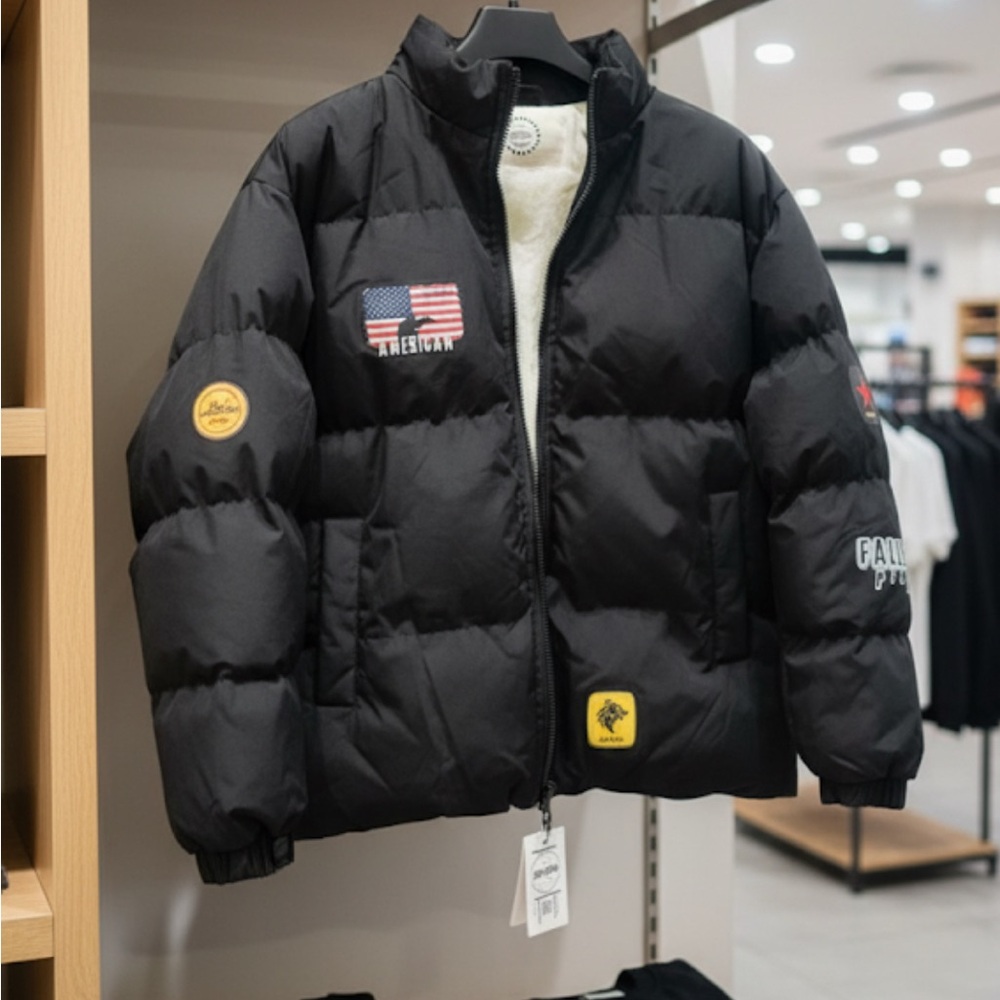 Black Puffer Jacket with Patches with the